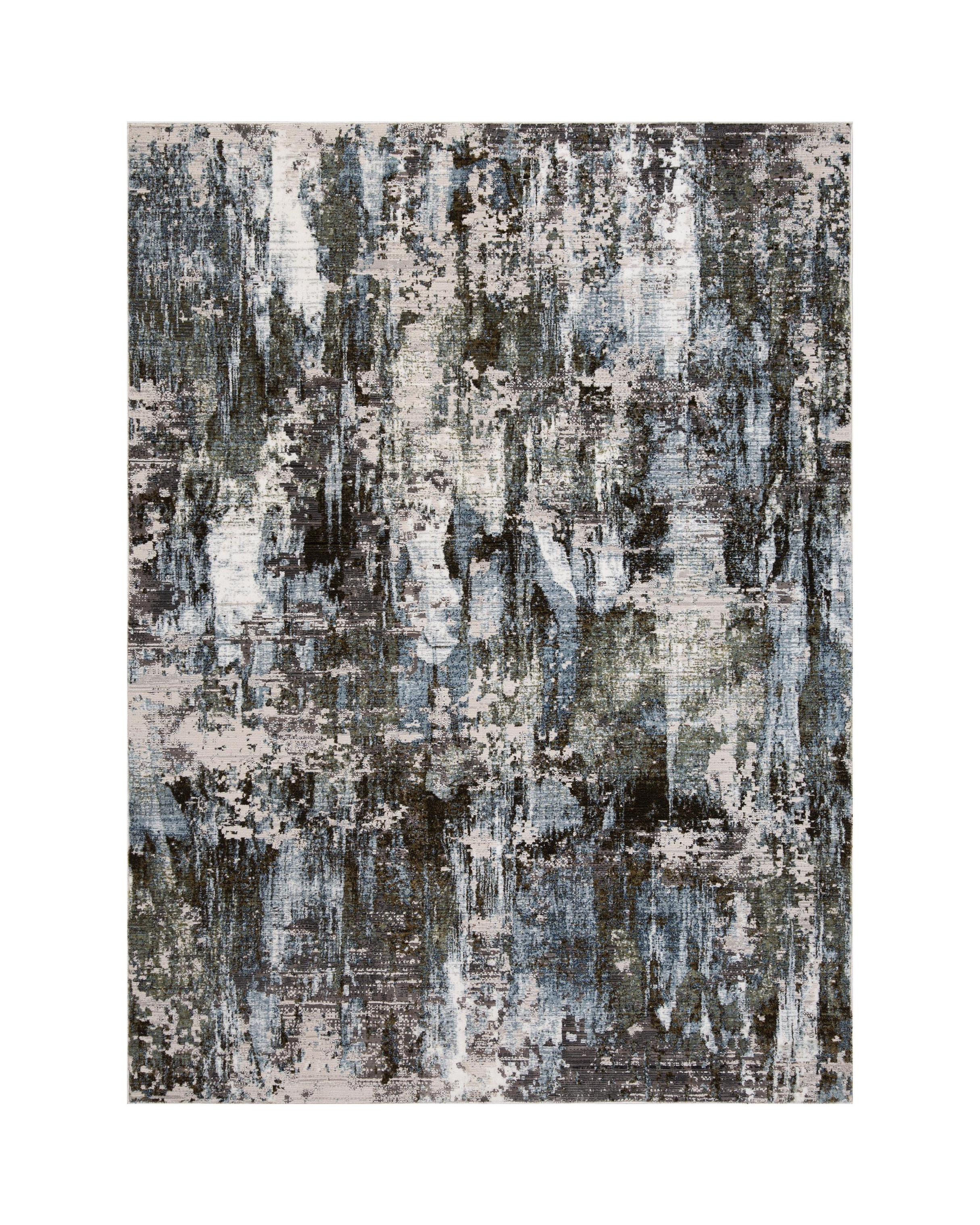 Abstract distressed rug with blue, grey and white textured pattern