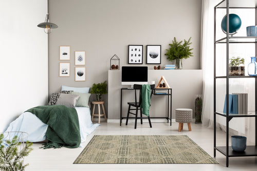 Neutral beige geometric patterned rug with textured woven appearance and diamond motifs