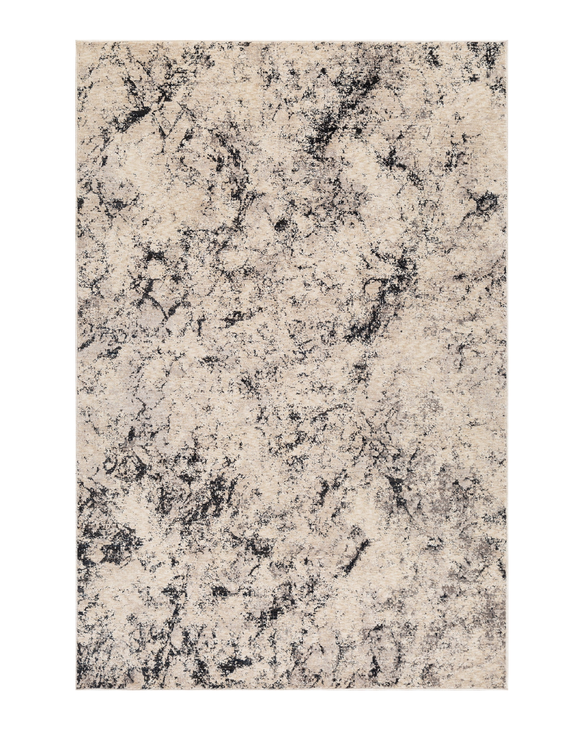 Modern distressed rug with black speckled pattern on cream background texture