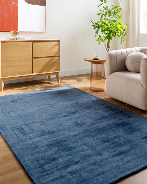 Blue distressed vintage style rug with textured woven pattern throughout