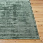 Sage green distressed rug with textured, mottled surface and worn vintage appearance