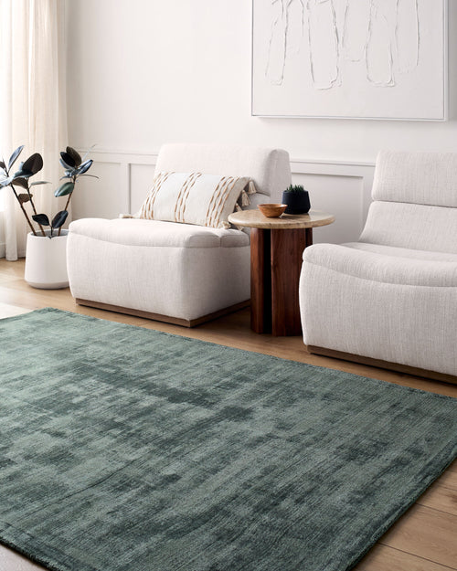 Sage green distressed rug with textured, mottled surface and worn vintage appearance