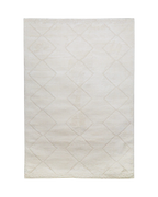 Beige geometric rug with raised diamond pattern and subtle texture throughout