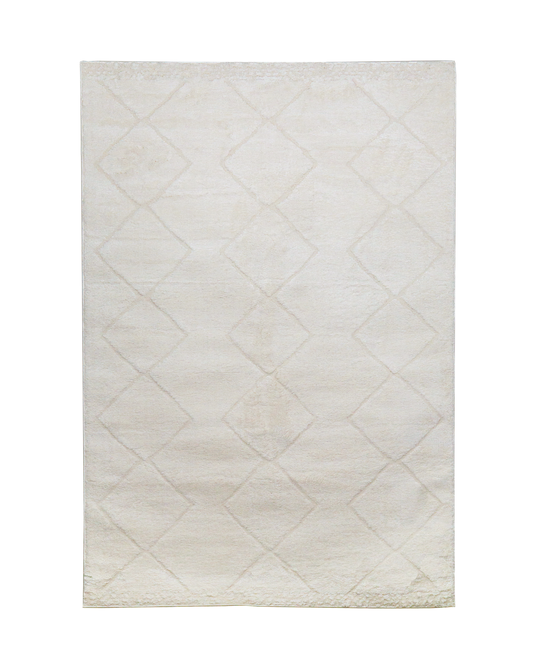 Beige geometric rug with raised diamond pattern and subtle texture throughout