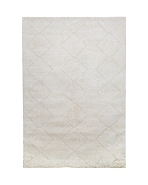Beige geometric rug with raised diamond pattern and subtle texture throughout