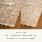 Taupe geometric damask patterned rug with textured woven appearance