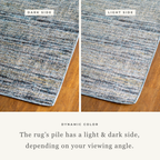 Grey and blue textured area rug with horizontal striped pattern