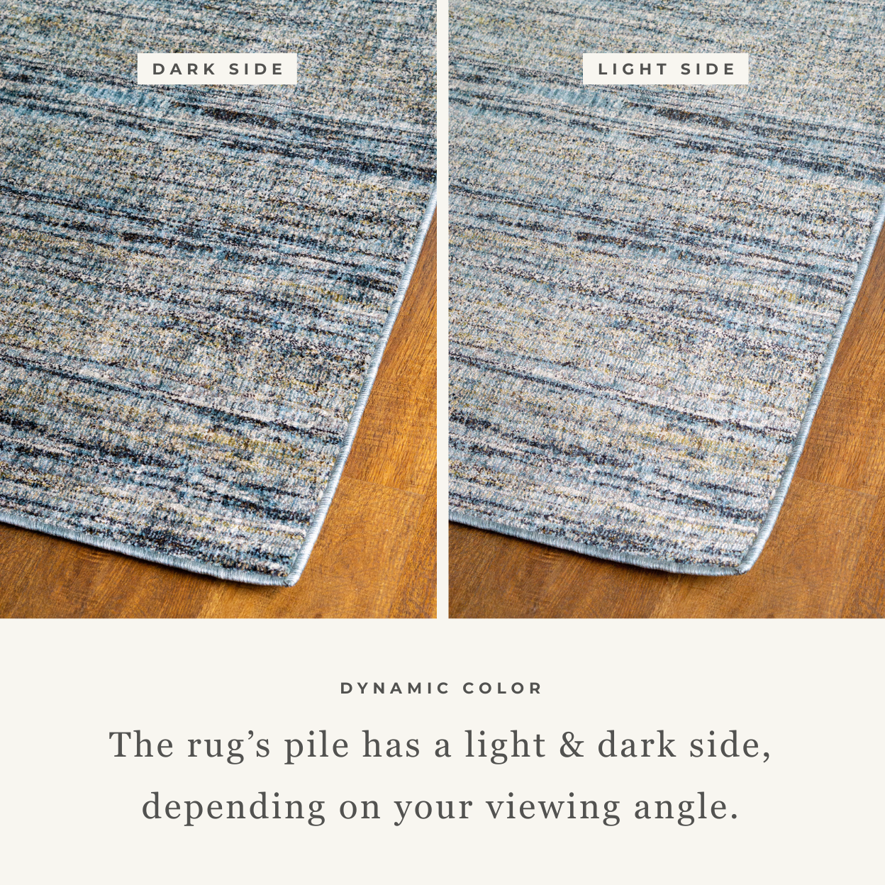 Grey and blue textured area rug with horizontal striped pattern