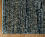 Grey and blue textured area rug with horizontal striped pattern