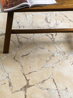 Beige crackle pattern rug with abstract veining and neutral earth tones