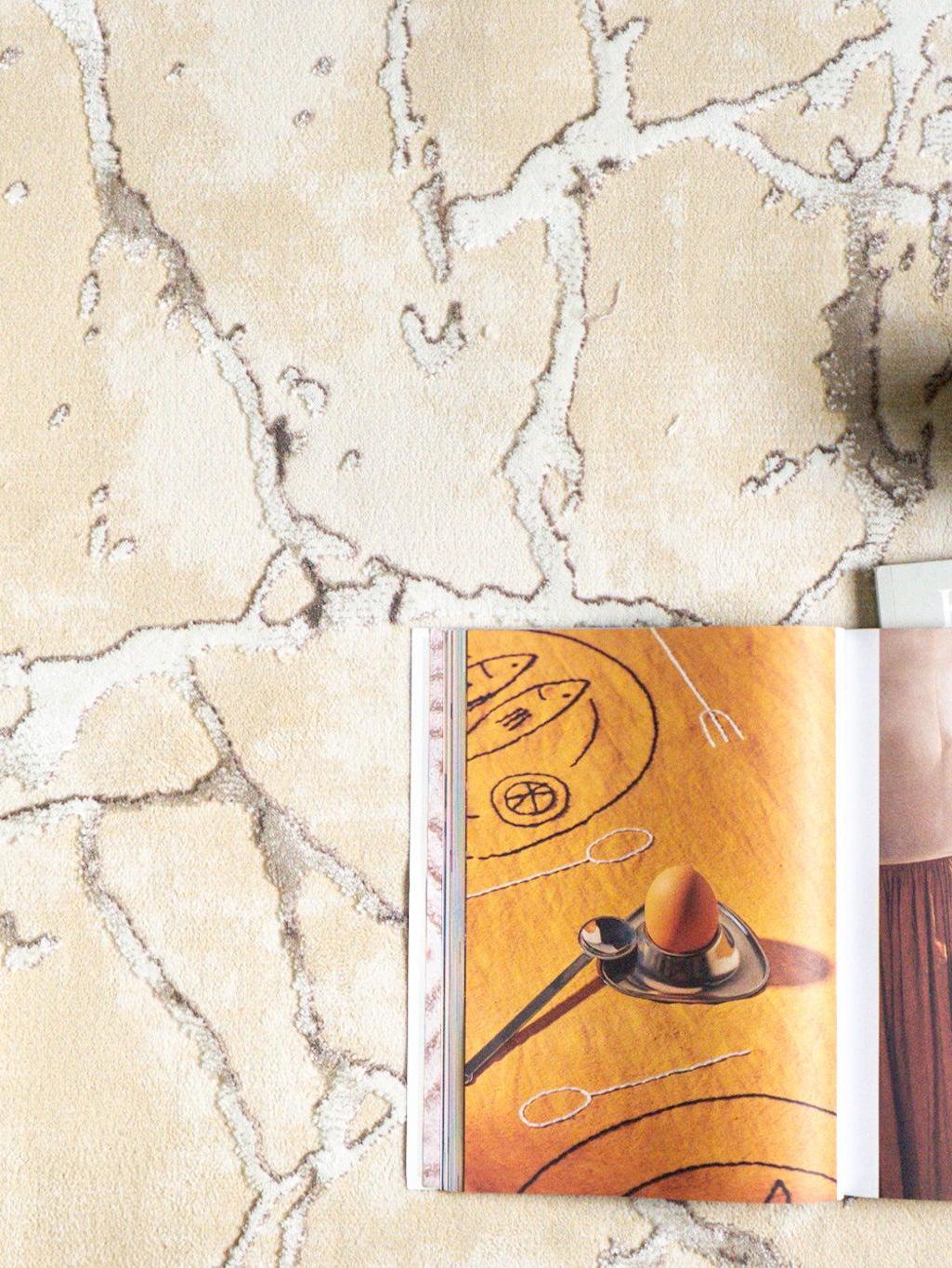 Beige crackle pattern rug with abstract veining and neutral earth tones