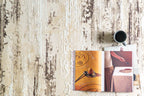 Distressed cream and brown striped area rug with weathered texture