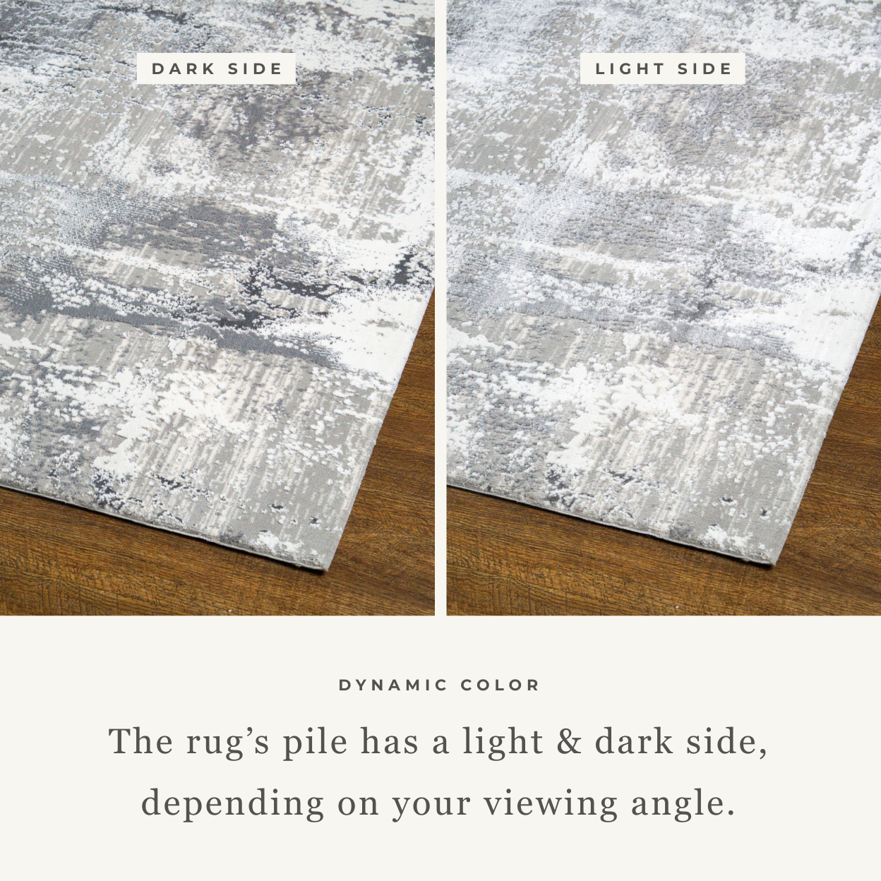 Distressed grey and white abstract area rug with weathered texture pattern