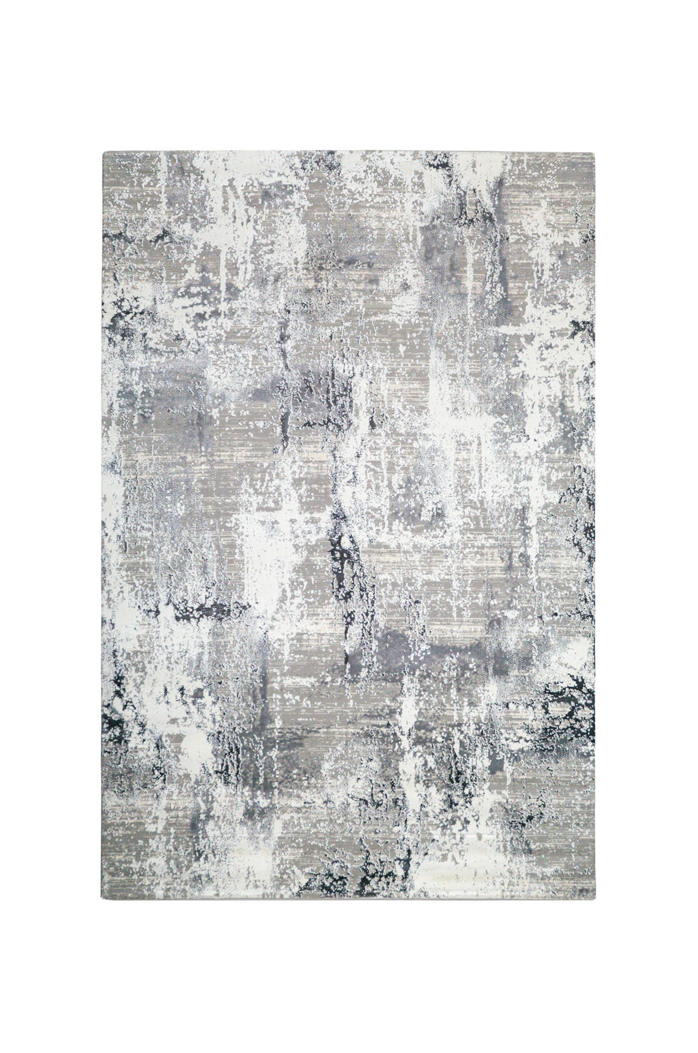 Distressed grey and white abstract area rug with weathered texture pattern