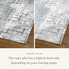 Modern geometric patterned rug in grey, white and blue tones with abstract design