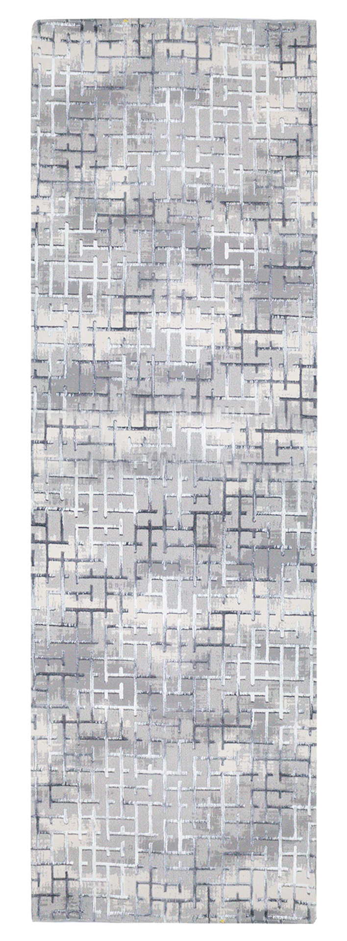 Modern geometric patterned rug in grey, white and blue tones with abstract design