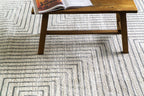 Modern geometric rug with nested square pattern in grey and cream tones