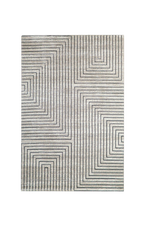 Modern geometric rug with nested square pattern in grey and cream tones