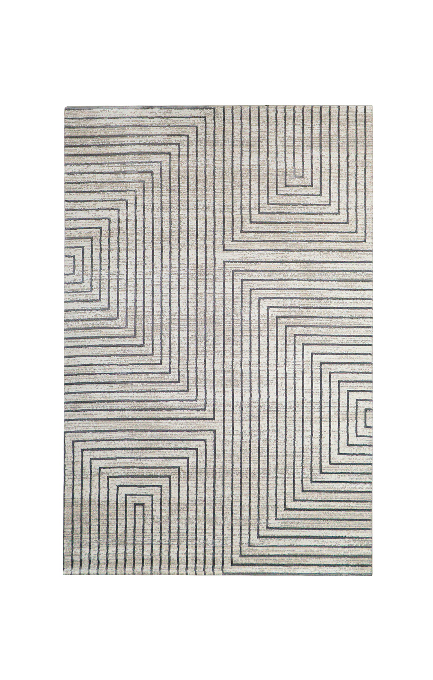 Modern geometric rug with nested square pattern in grey and cream tones