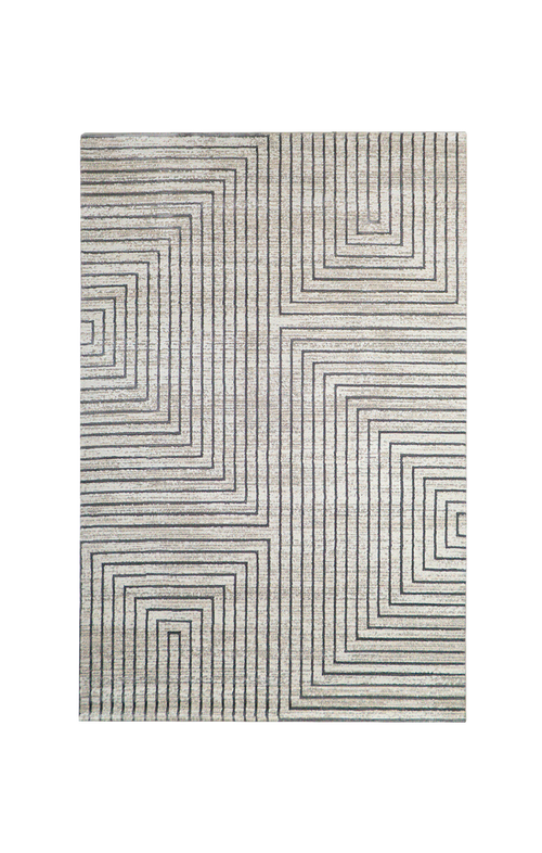 Modern geometric rug with nested square pattern in grey and cream tones