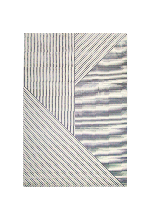 Modern geometric rug with grey and white striped pattern in contemporary design