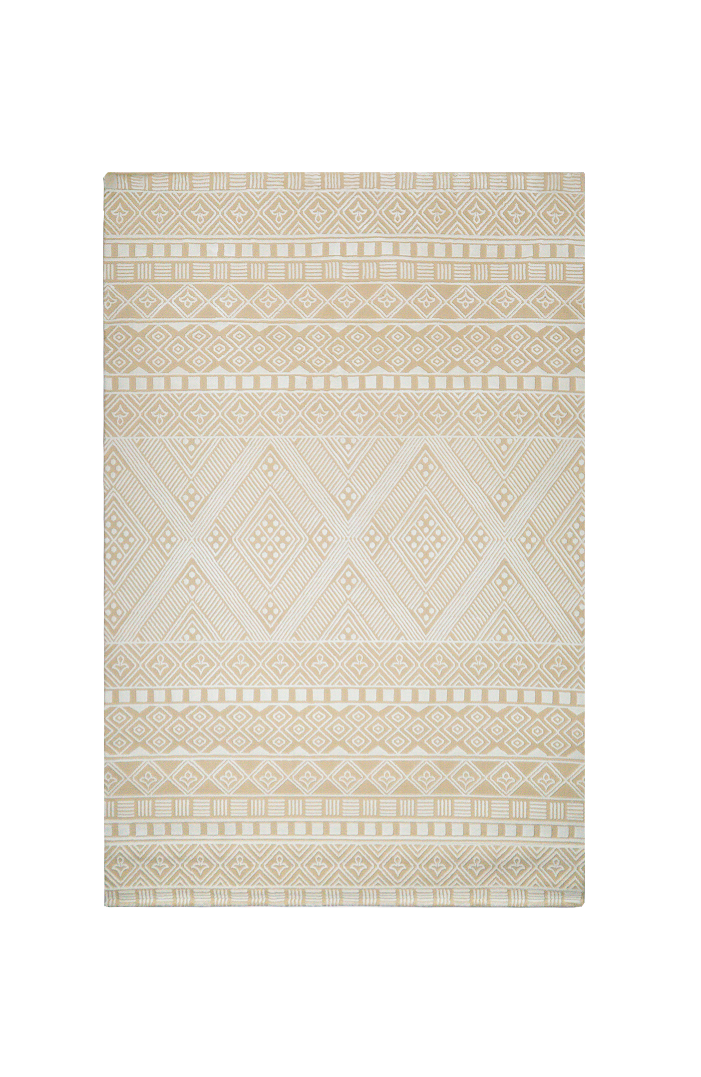 Geometric patterned rug in beige and cream with tribal diamond motifs