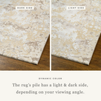 Distressed beige and cream textured rug with mottled vintage pattern