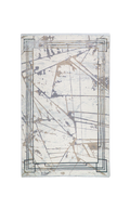 Cream and taupe abstract geometric rug with linear patterns and distressed finish
