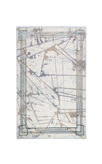 Cream and taupe abstract geometric rug with linear patterns and distressed finish