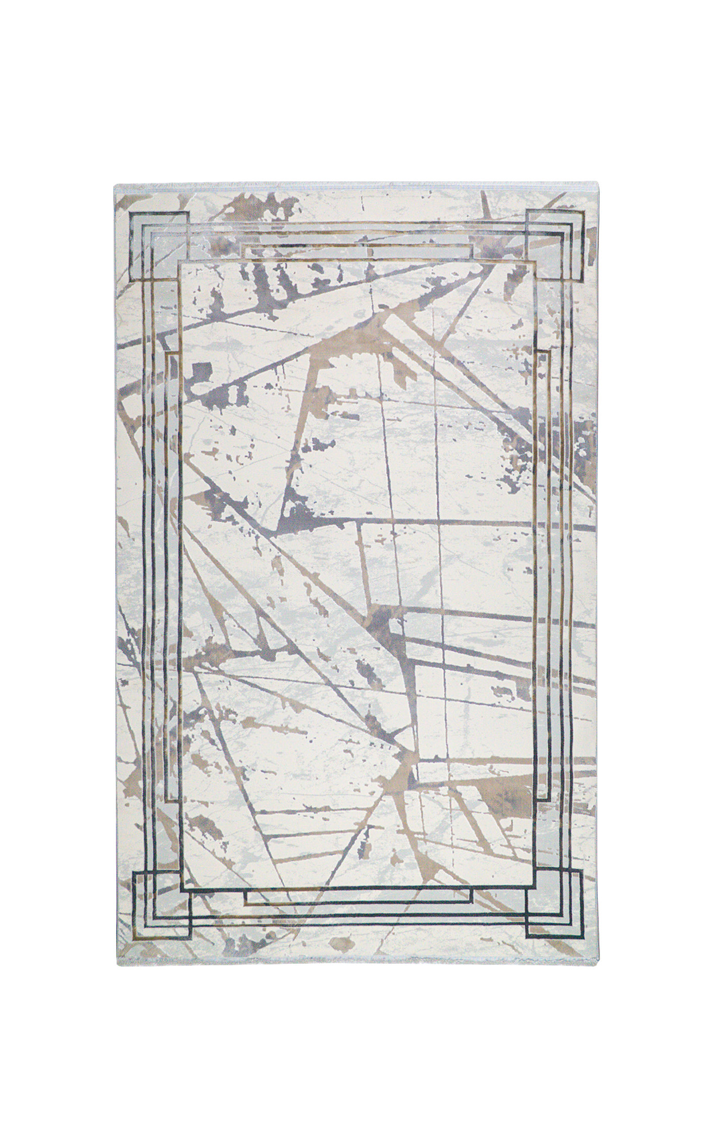 Cream and taupe abstract geometric rug with linear patterns and distressed finish