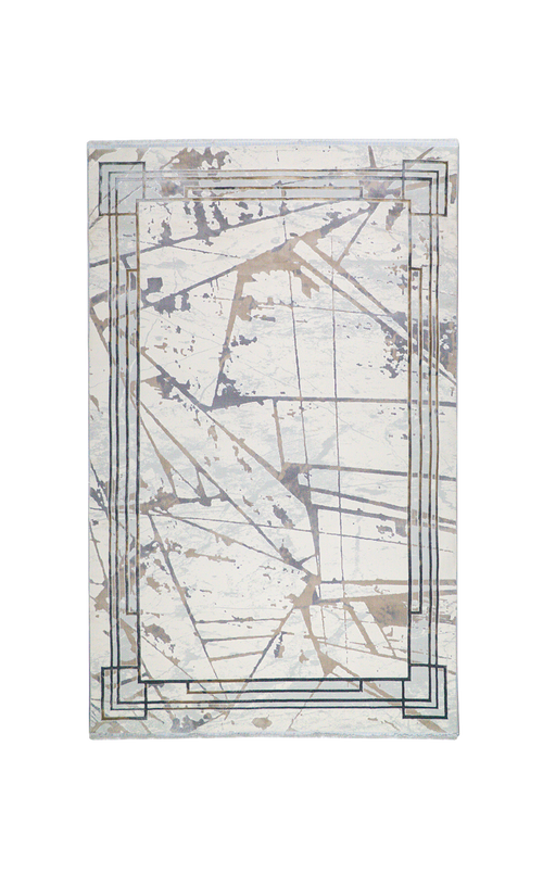 Cream and taupe abstract geometric rug with linear patterns and distressed finish