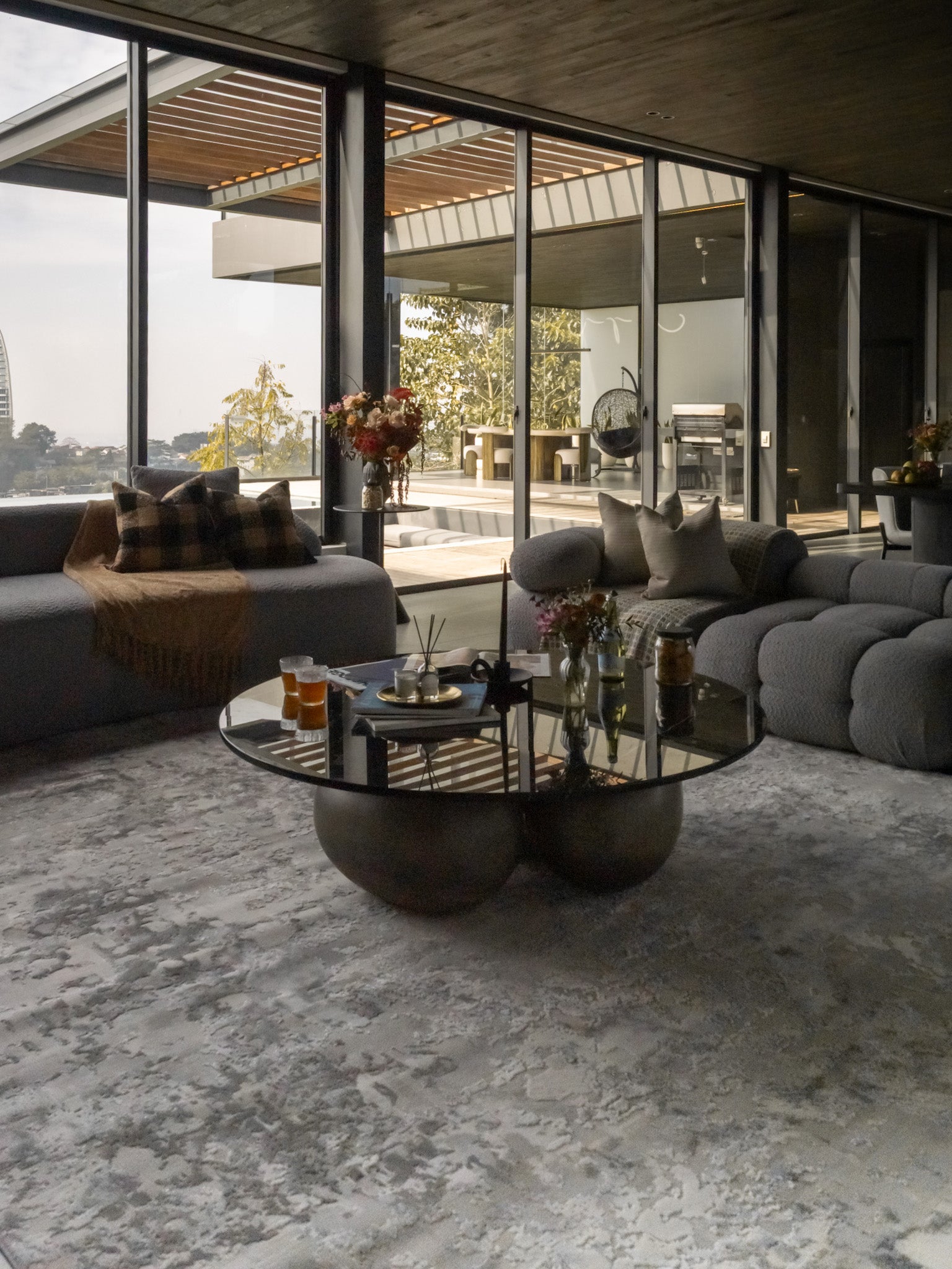 Modern abstract grey and white distressed texture area rug with mottled pattern