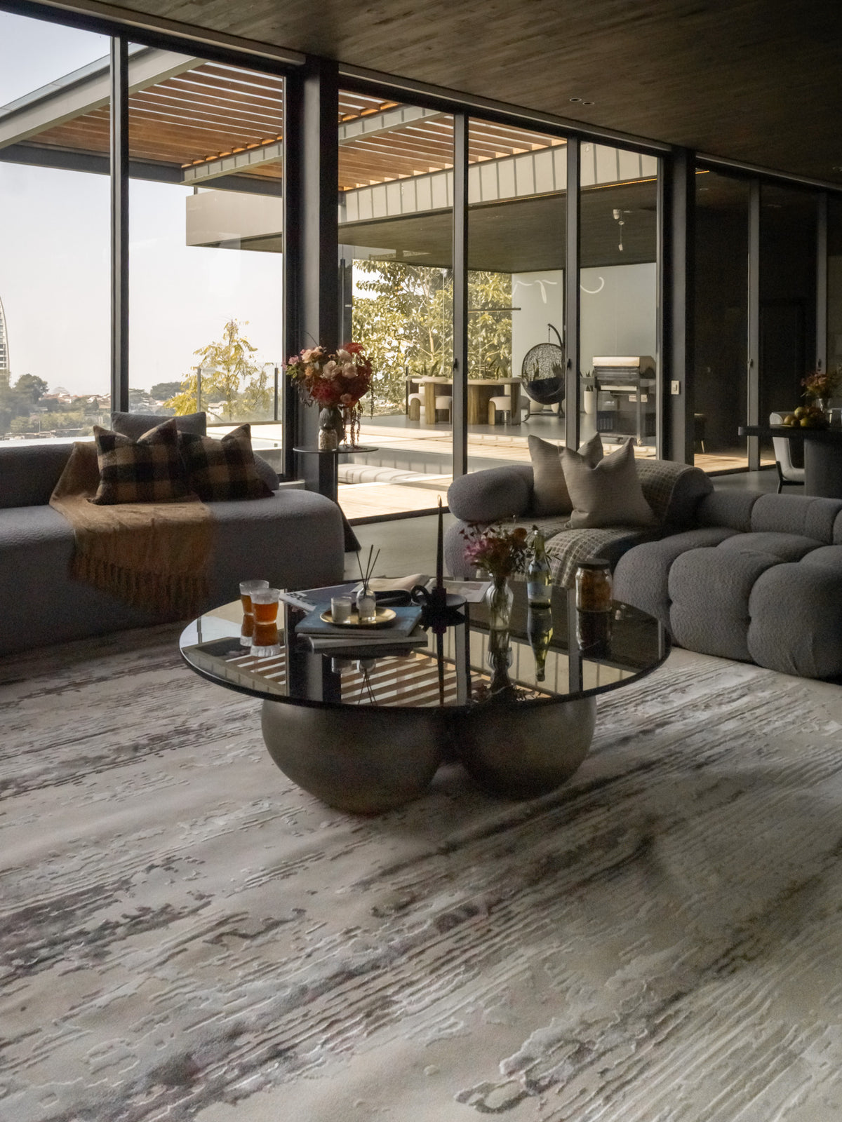 Distressed cream and brown striped area rug with weathered texture