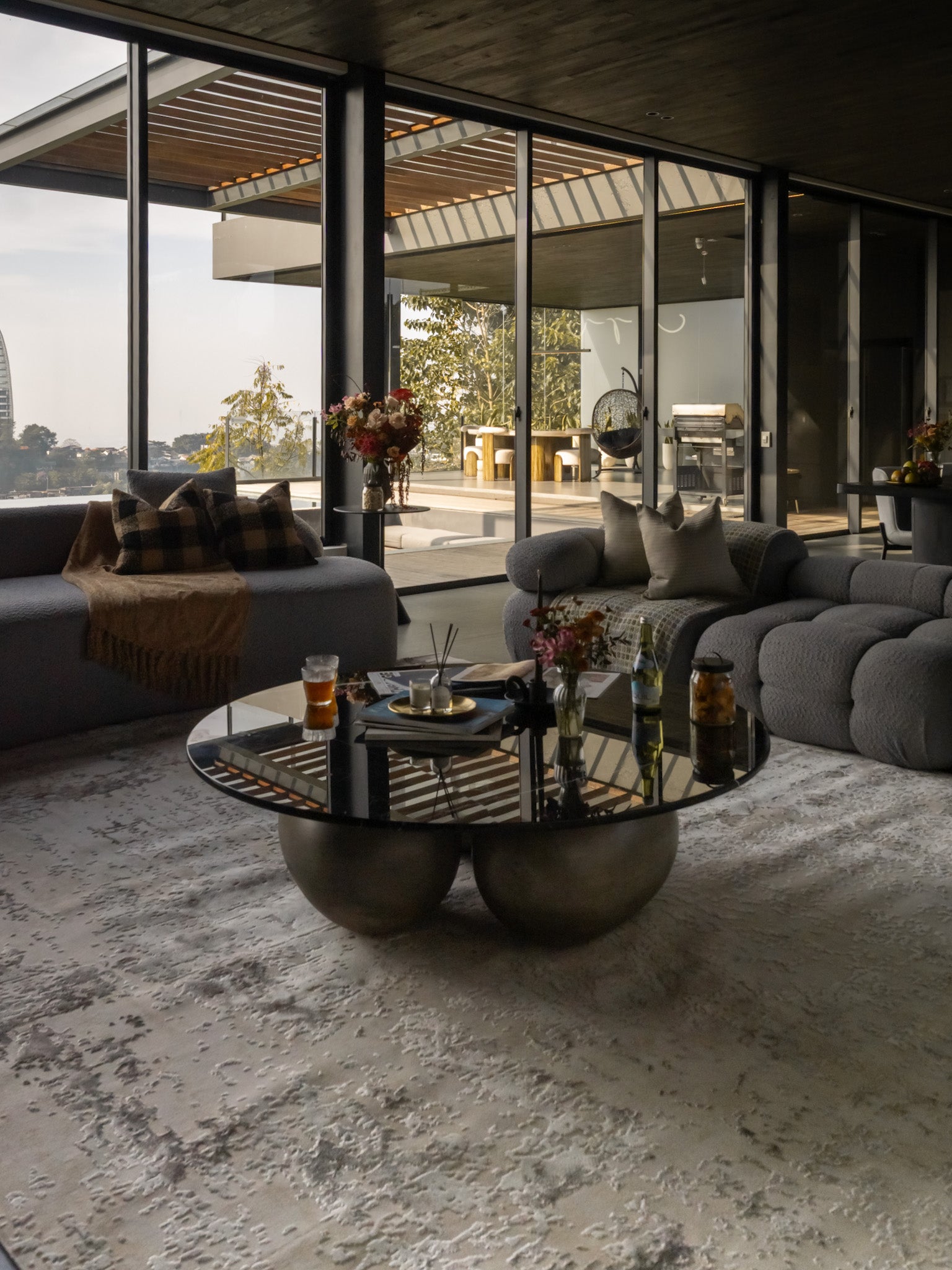 Distressed beige and gray textured rug with mottled vintage pattern