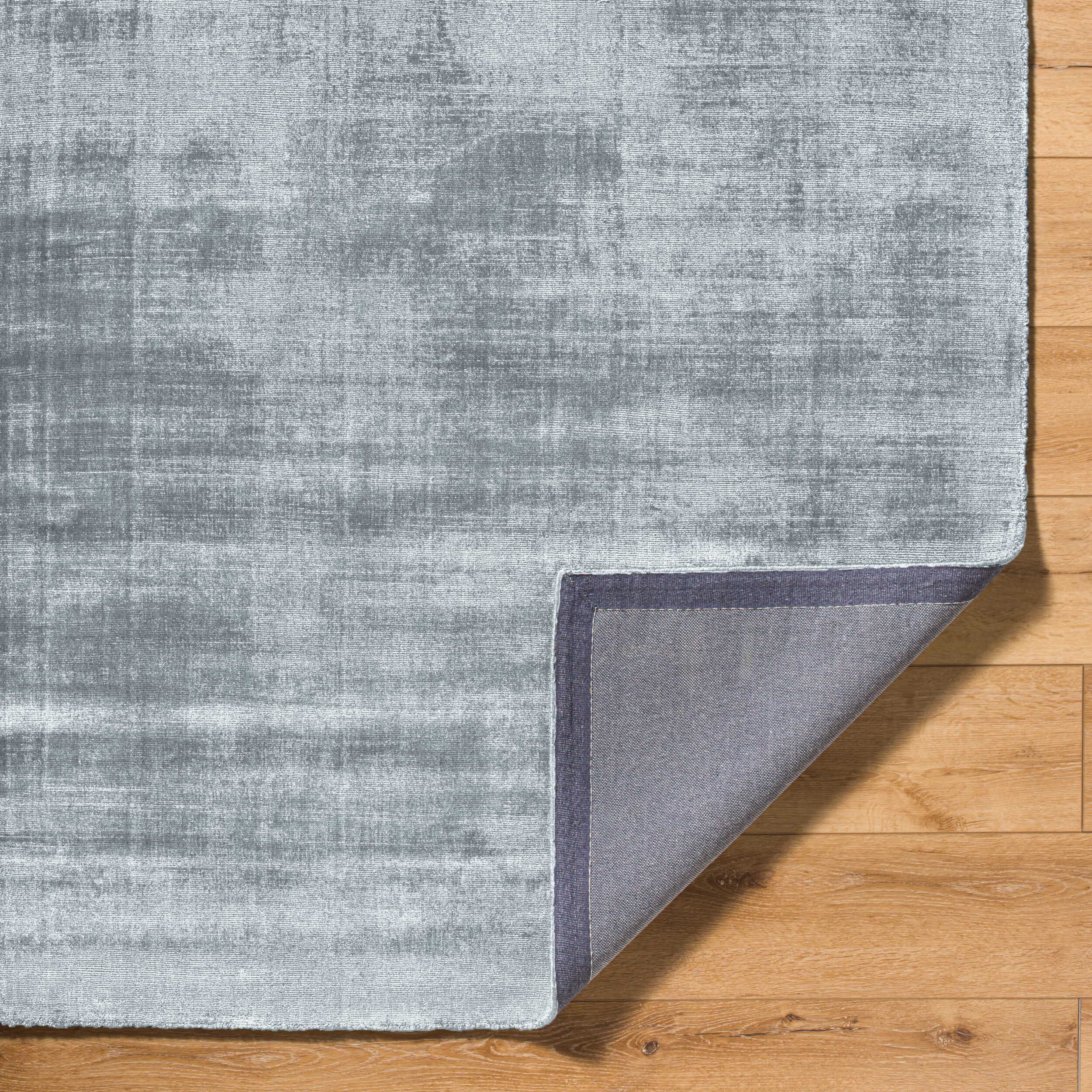 Light blue textured area rug with subtle grey distressed pattern and worn finish
