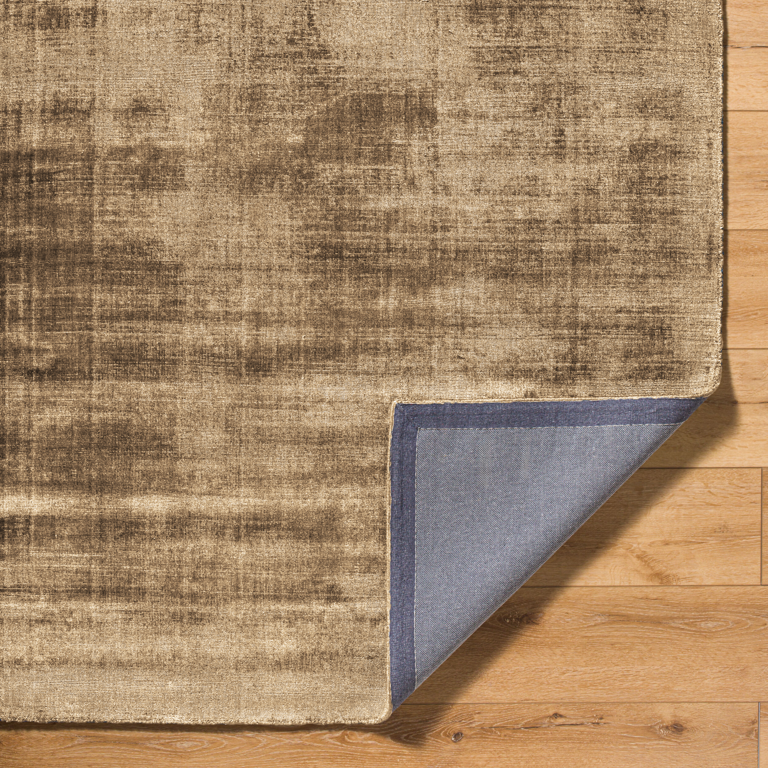 Distressed tan and brown textured area rug with worn vintage appearance