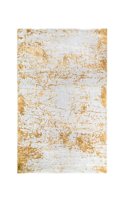 Gold and cream distressed texture rug with abstract weathered pattern