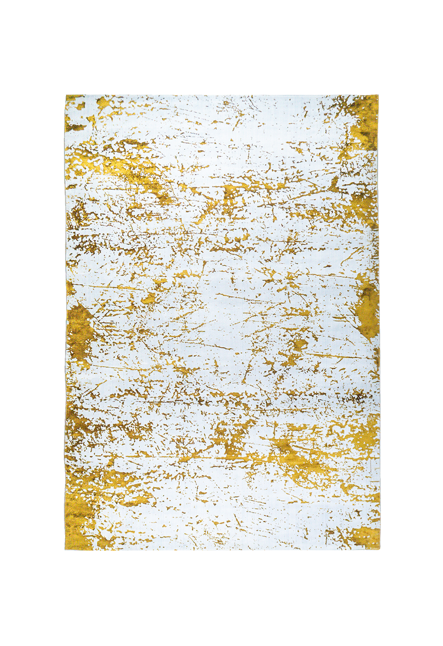 Distressed white and gold rug with splattered paint effect texture