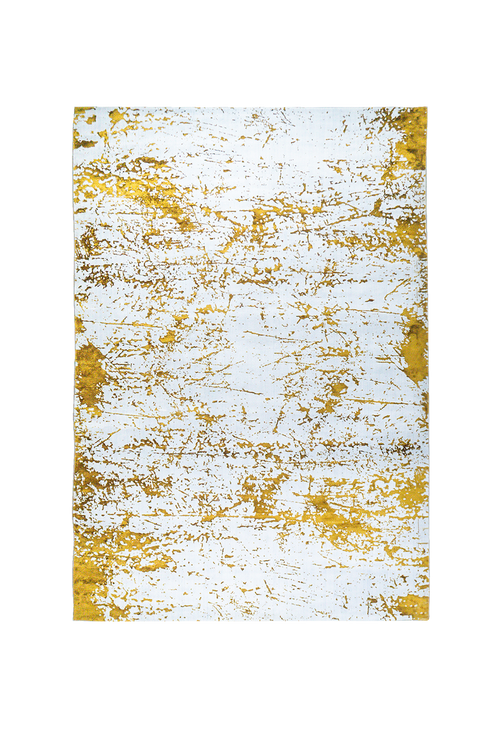 Distressed white and gold rug with splattered paint effect texture