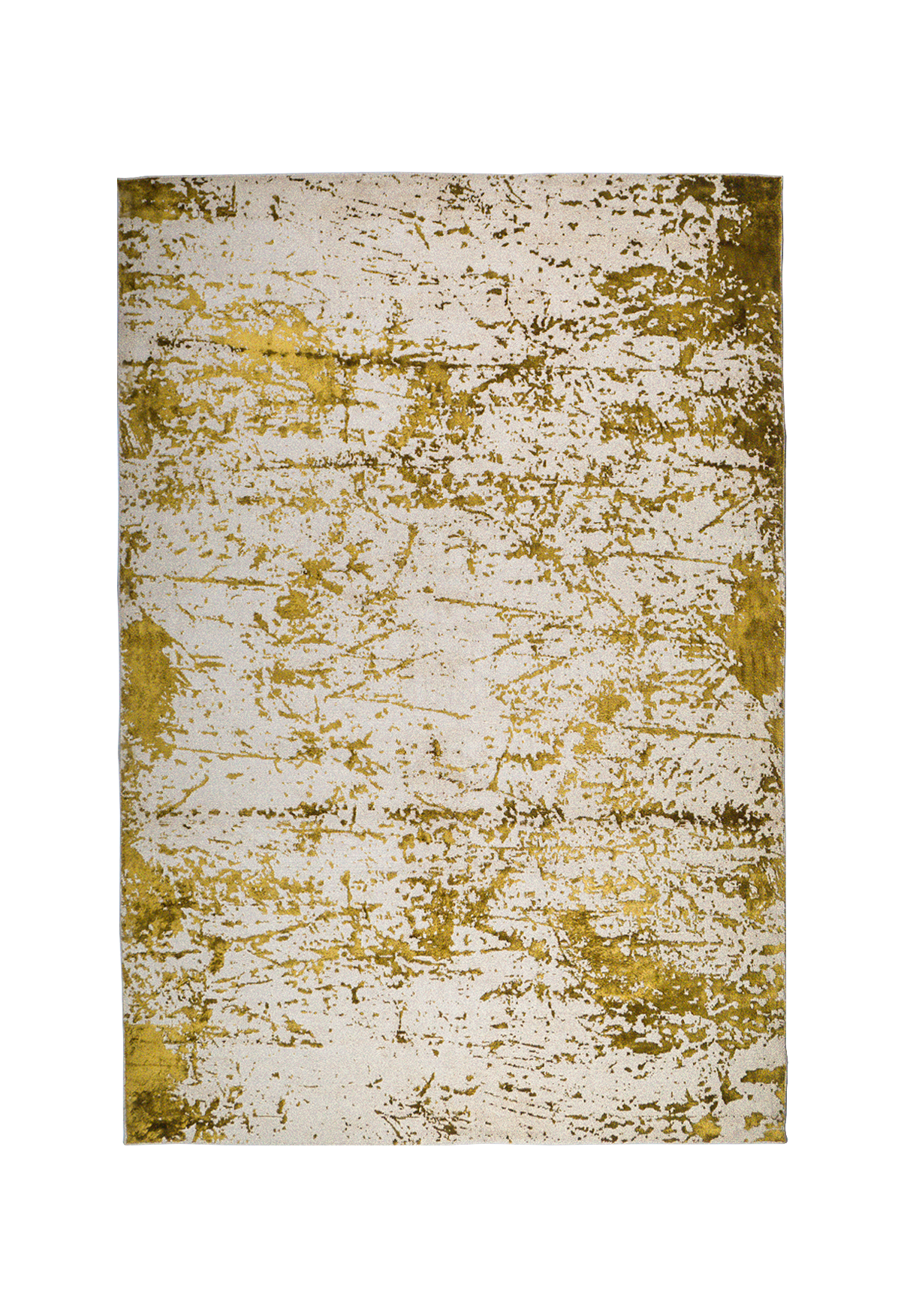 Distressed gold and cream area rug with vintage worn texture pattern