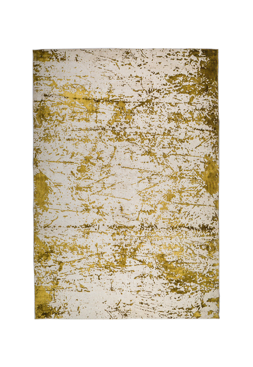 Distressed gold and cream area rug with vintage worn texture pattern