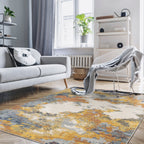 Abstract distressed rug with yellow, blue, and cream paint splatter pattern design