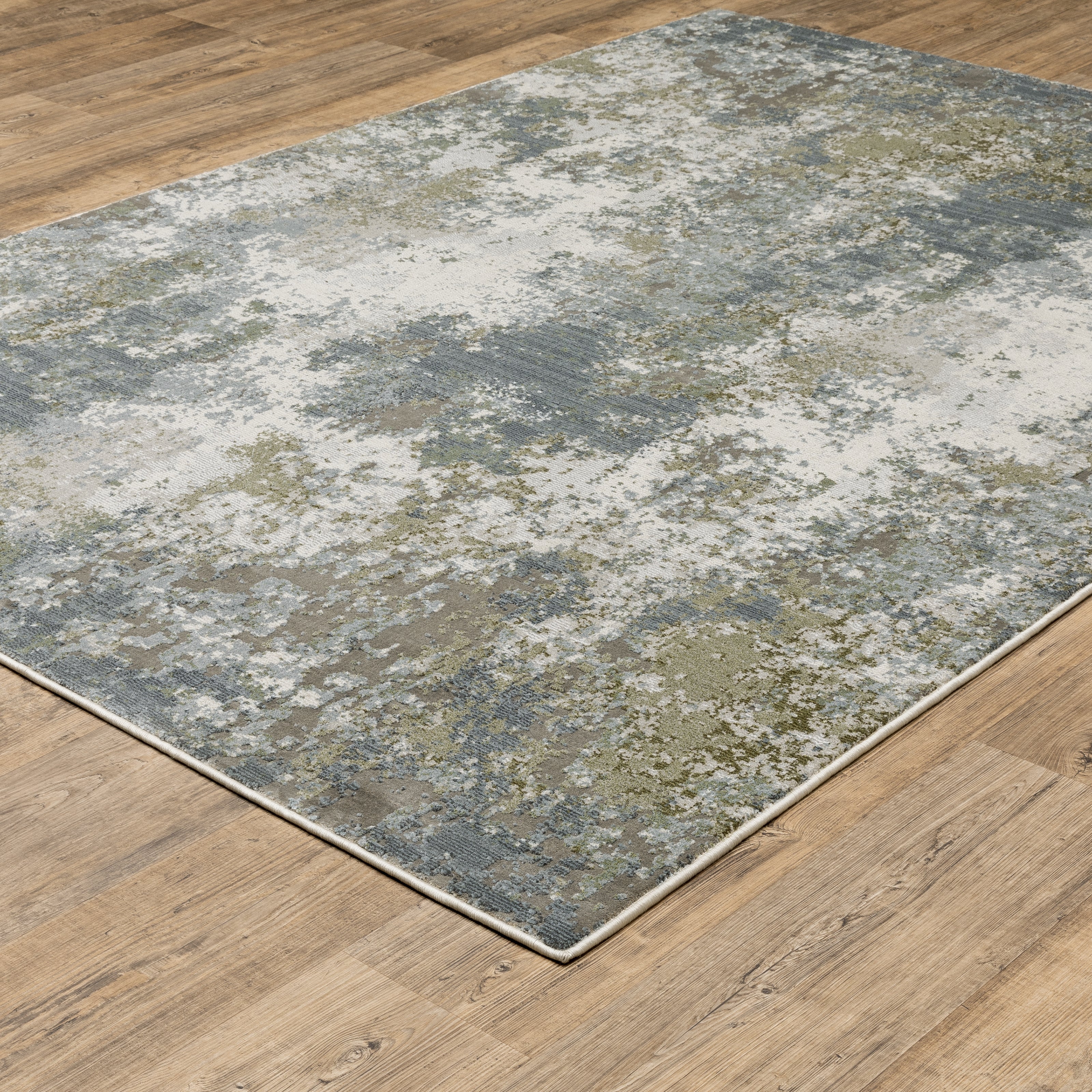 Modern distressed area rug with grey, cream, and olive abstract texture pattern