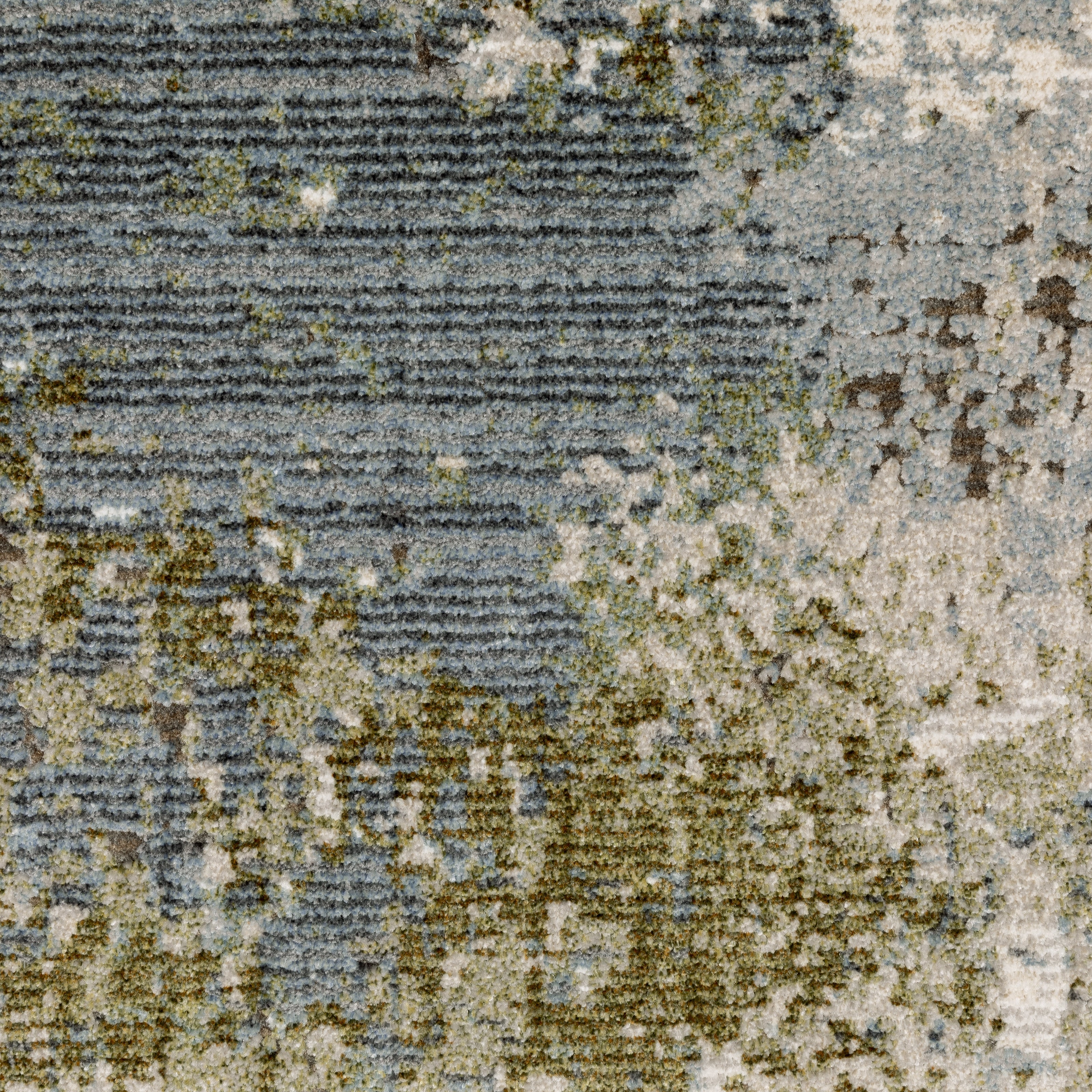 Modern distressed area rug with grey, cream, and olive abstract texture pattern