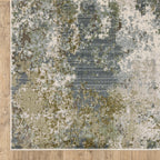 Modern distressed area rug with grey, cream, and olive abstract texture pattern