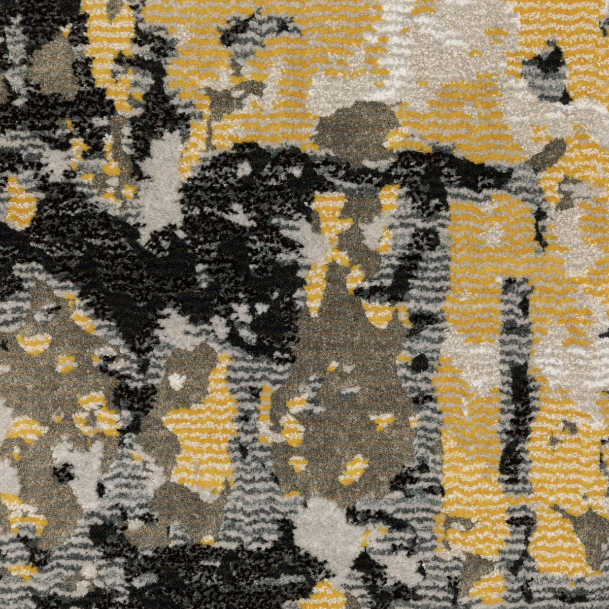 Abstract distressed rug with gold, black, and cream tones, worn texture design