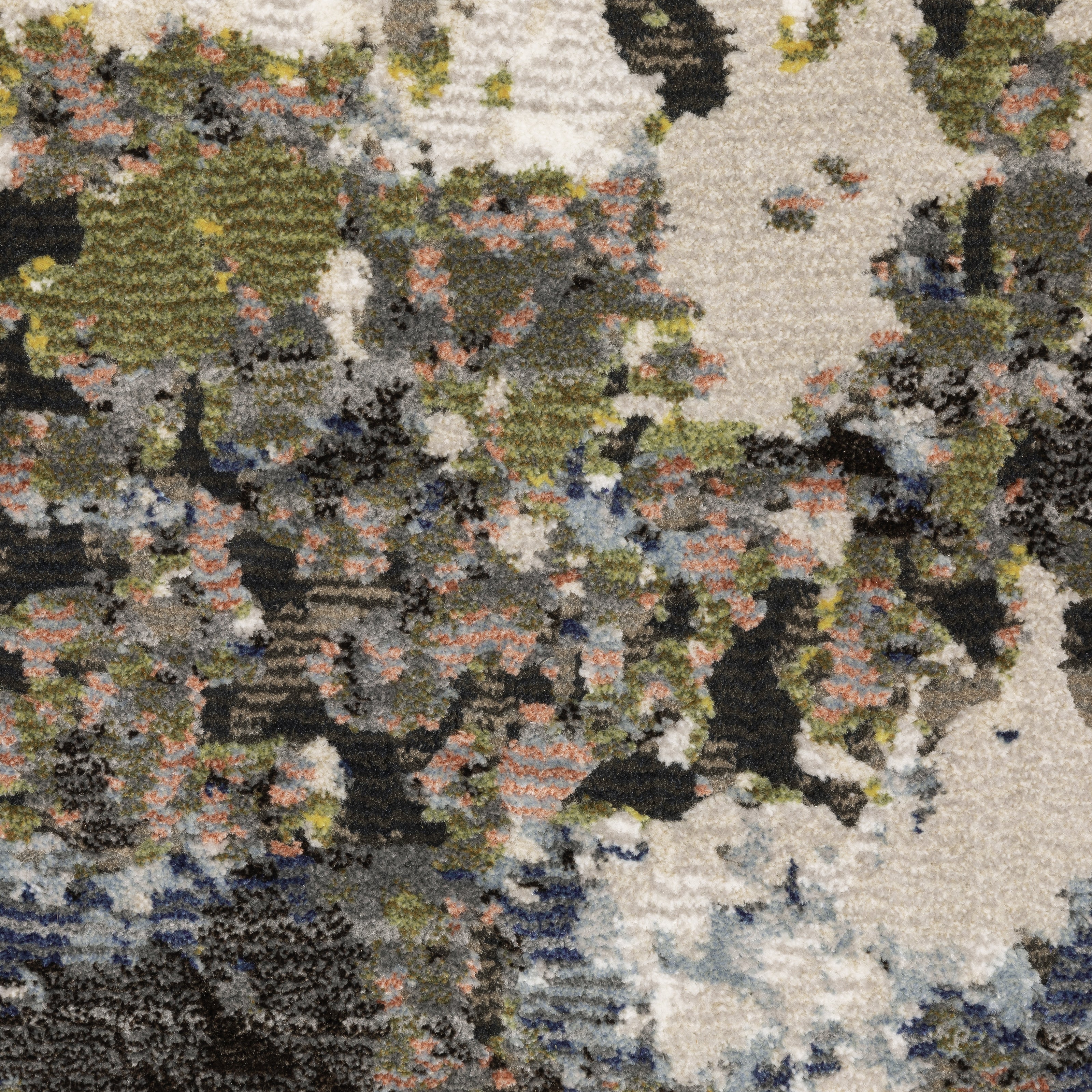 Abstract distressed area rug with grey, black, white and yellow splatter pattern
