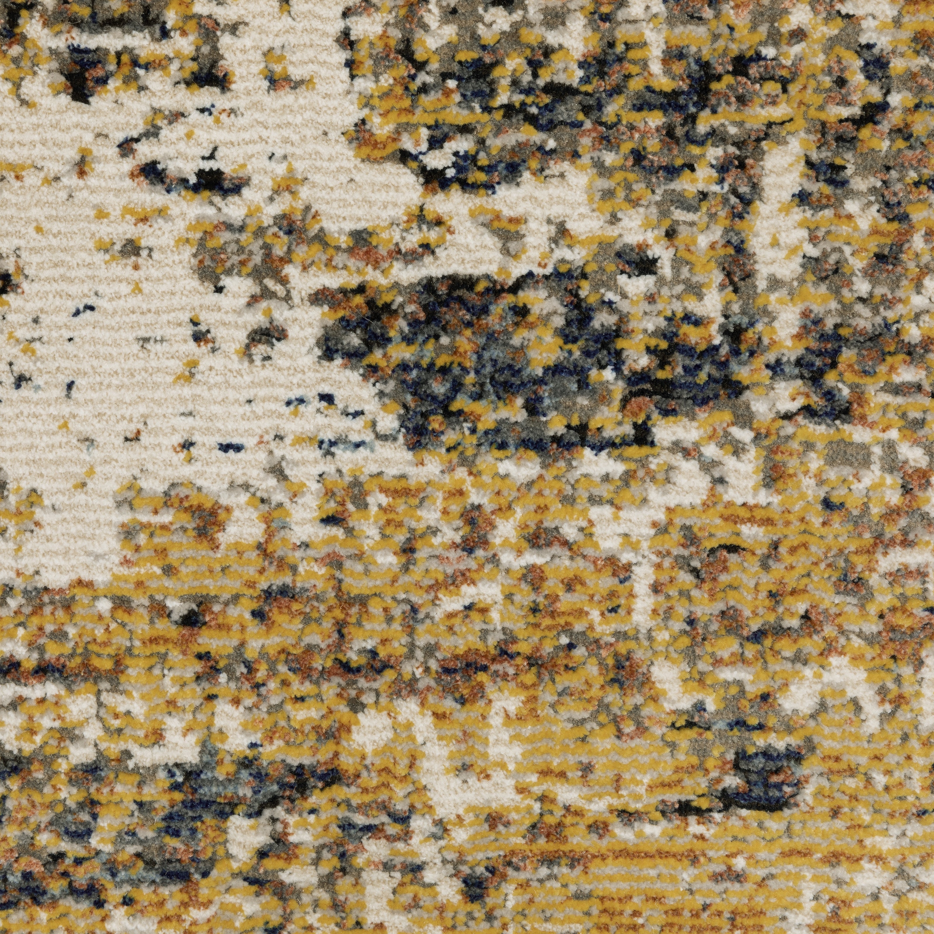 Distressed gold and cream abstract rug with vintage texture and weathered pattern design