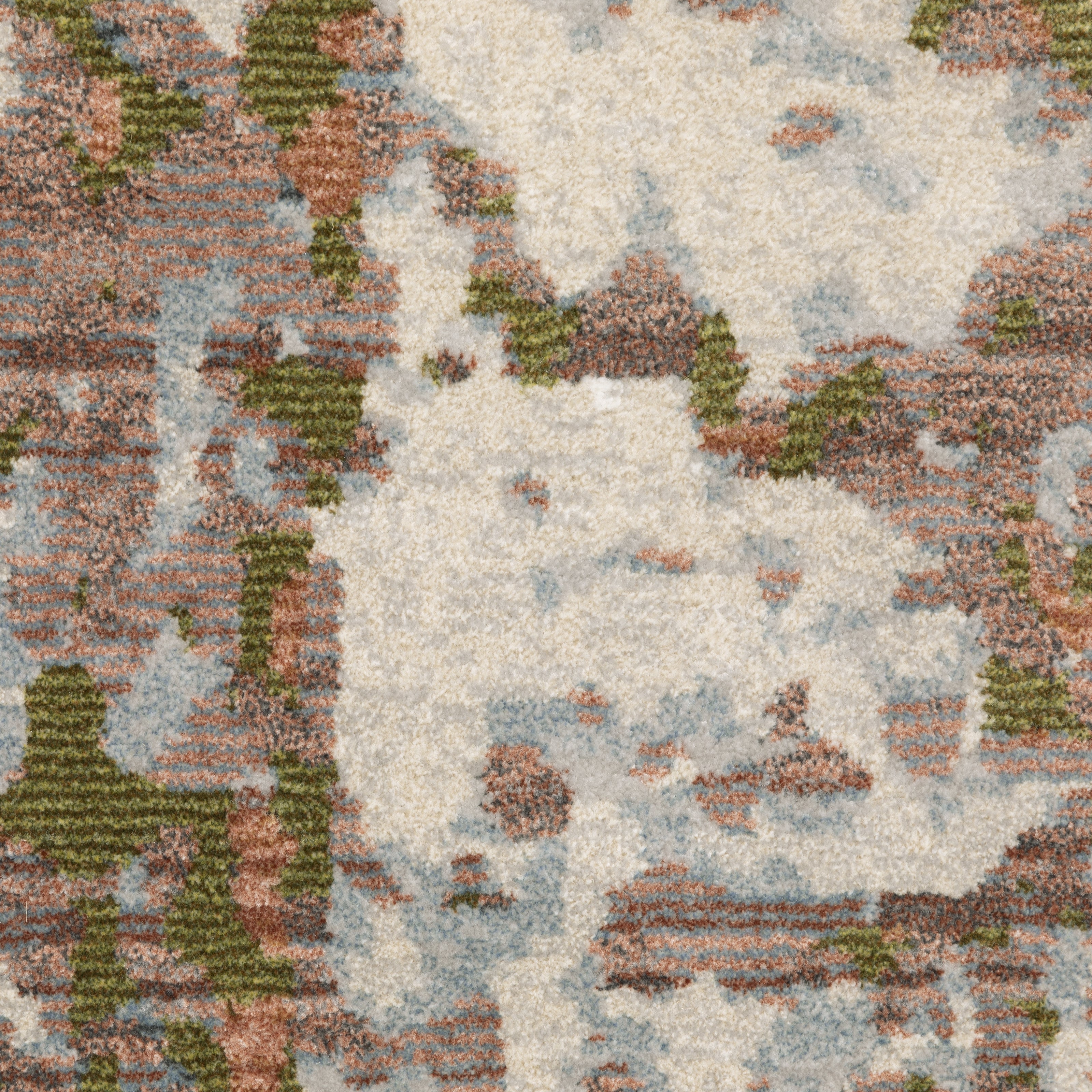 Modern distressed area rug with cream, brown, and green abstract texture pattern