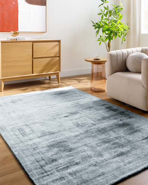 Light blue textured area rug with subtle grey distressed pattern and worn finish